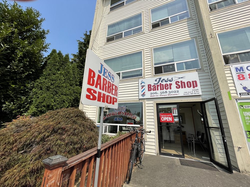 Jess Barber Shop storefront on 15th Ave S in Beacon Hill, Seattle, with an OPEN sign in the window